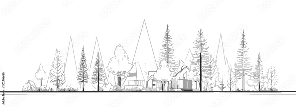 Obraz premium Paysage de forêt stylisé avec des arbres, des montagnes et des cabanes, dessin au trait sur fond transparent.