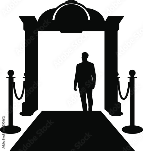Silhouette of a formal man standing in a grand arched entrance with a red carpet and velvet rope barriers, isolated