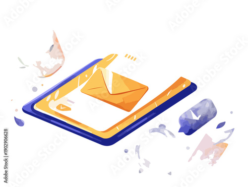 Illustration d'une enveloppe jaune avec un message sortant d'un écran de tablette, concept de communication numérique.