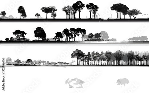 Collection de silhouettes d'arbres et de paysages forestiers sur fond transparent, idéale pour le design.