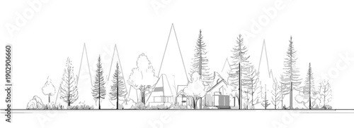 Paysage de forêt stylisé avec des arbres, des montagnes et des cabanes, dessin au trait sur fond transparent.