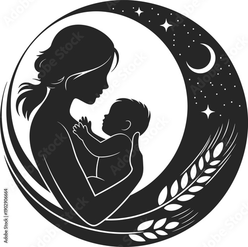 Silhouette of a mother holding a baby in a circular frame with moon stars and wheat, symbolizing love and motherhood