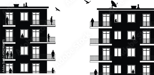 Apartment building silhouette with people on balconies and windows, urban residential life concept, modern city housing illustration isolated on white background