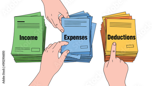 Hands sorting financial documents: Income, Expenses, and Deductions for tax preparation and accounting.