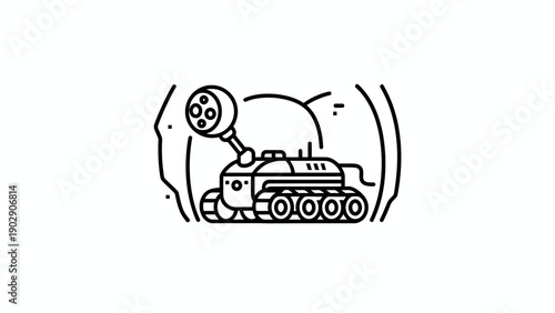 Detailed line art illustration of a futuristic space exploration rover on an alien planet surface