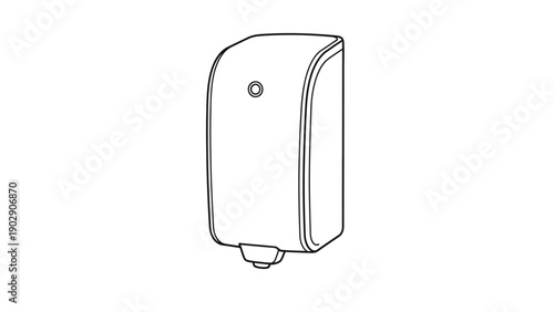 Line art drawing of a modern wall-mounted soap or hand sanitizer dispenser for public restrooms