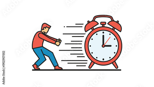 Person struggling with time, pulling back a fast-moving alarm clock. Time pressure, deadlines, and urgency concept.