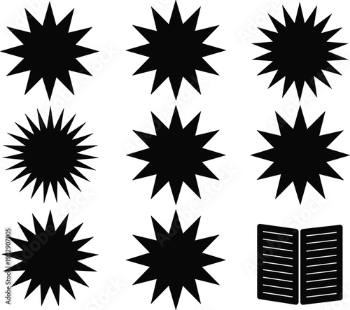 Starburst silhouette shapes, geometric vector icons, abstract spiked designs, decorative graphic artwork, open book illustration, minimal black pattern elements