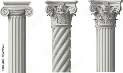 Classical architectural column capitals collection with Ionic and Corinthian styles, fluted and twisted stone pillars, ancient Greek and Roman vector illustration