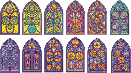 Colorful stained glass window collection with gothic arches, floral mosaic patterns, decorative church style panels, vibrant ornamental vector illustrations