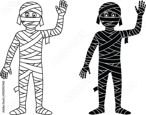 Cartoon mummy character illustration, black and white halloween monster, wrapped bandage figure, cute spooky design, outline and silhouette style vector