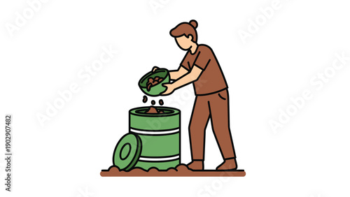 Person Composting Organic Waste into Green Bin. Eco-Friendly Recycling of Food Scraps for Sustainable Living. Flat Illustration.
