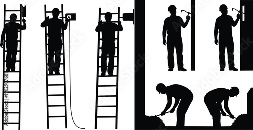 Construction worker silhouette set showing ladder work, drilling, hammering and digging activities, black labor safety illustration collection for industry concepts