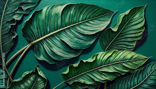 “Emerald Patterns: Tropical Leaves in Shadow”