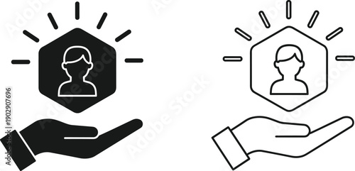 Customer support and user care icon illustration showing helping hand with profile symbol in solid and outline styles isolated