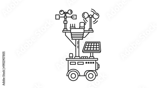 Detailed Line Art Icon of a Modern Mobile Automated Weather Station with Solar Panel and Sensors