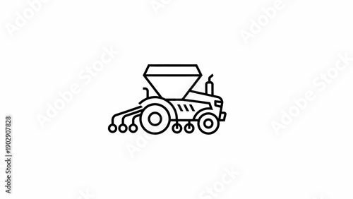 Line art icon of a modern farm tractor with seeder for agricultural planting