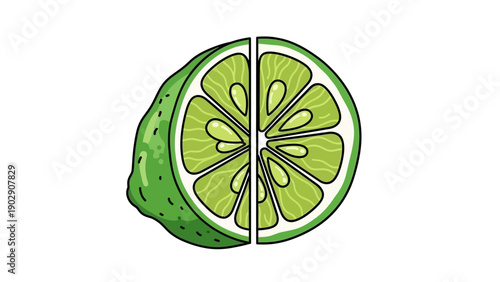 Fresh green lime fruit cut in half, revealing juicy segments on a white background illustration