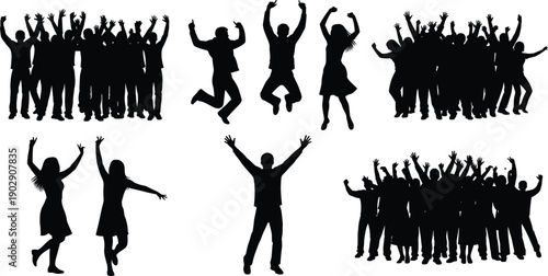 Cheering crowd silhouette collection, happy people jumping and celebrating together, festival energy and success concept, black and white vector illustration set