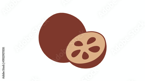 Simple illustration of a whole brown fruit and a halved one revealing its seeds in a flat graphic