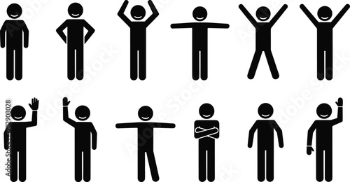 Human stick figure poses illustration, black silhouette people icons, body language gestures, communication concept, minimal vector design, modern flat symbols