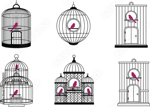Decorative birdcage illustration set with pink birds, ornate cages and modern line art design isolated on white