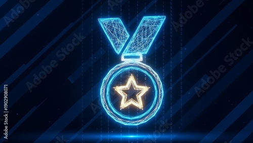 Wireframe Medal Icon with Star and Digital Binary Code