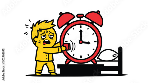 Morning Struggle: Sleepy Cartoon Man Silencing Ringing Alarm Clock
