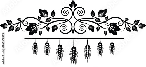 Decorative floral ornament illustration with leaves, wheat ears and elegant symmetrical vine design in black silhouette isolated