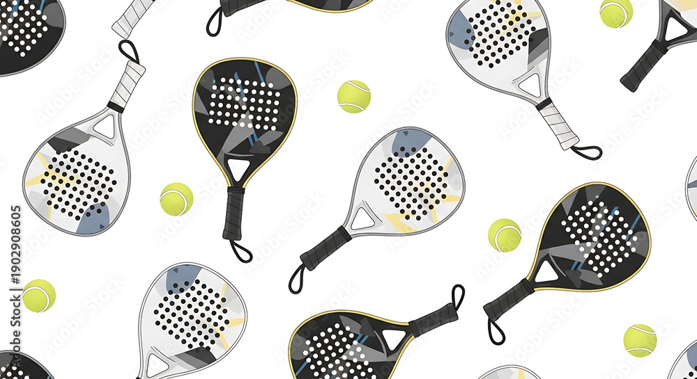 Seamless pattern of padel rackets and tennis balls