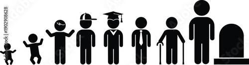 Human life stages evolution concept, growth from baby to old age, life cycle silhouette, generation timeline, aging process illustration