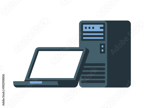 A graphic illustration of a laptop and computer tower on a white background