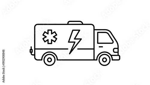 Emergency Medical Response Vehicle Line Art Icon with Lightning Bolt Symbol Vector Illustration