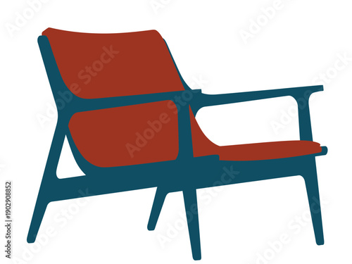 A modern chair with red cushions and a blue frame on a white background