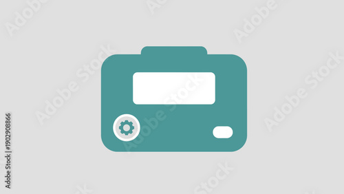 Minimalist Teal Camera or Media Recorder Icon with Settings Gear on a Clean Gray Background
