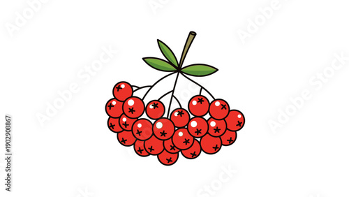 Colorful cartoon illustration of a fresh red berry bunch with green leaves on a white background