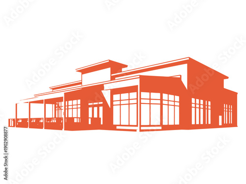 A modern building with a large glass facade and orange exterior walls