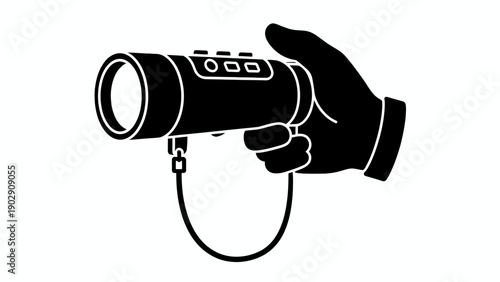 Iconic illustration of a hand holding a sleek monocular camera for observation and surveillance