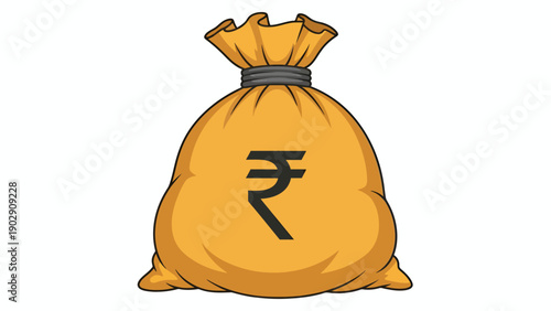 Cartoon money bag with Indian rupee symbol representing business finance and wealth in a simple illustration.