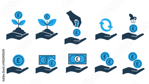 Blue flat icons of hands presenting money and plant growth symbols for business use.