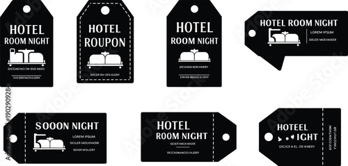 Hotel room night tag design, black label template, sleep icon, promotional signage, minimalist layout, travel offer, hospitality branding, modern typography, clean graphic