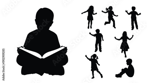 Black, silhouettes, of, a, boy, reading, book, and, group, of, children, playing, jumping, and, dancing, isolated, on, white, background.