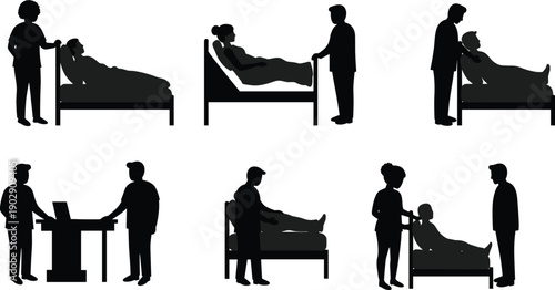 Hospital scene, doctor, nurse, patient care, medical consultation, healthcare workers, silhouette, bed, treatment, diagnosis, teamwork, clinical, interaction, support, recovery
