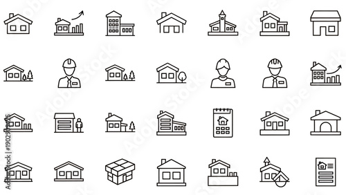 Diverse collection of generic architectural building icons for graphic design and UI projects.
