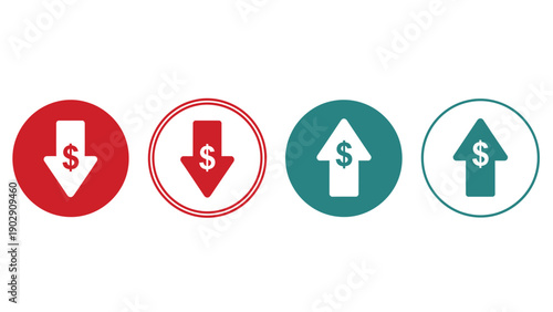 Set of four circular icons depicting download and upload actions with currency symbols in varied colors.