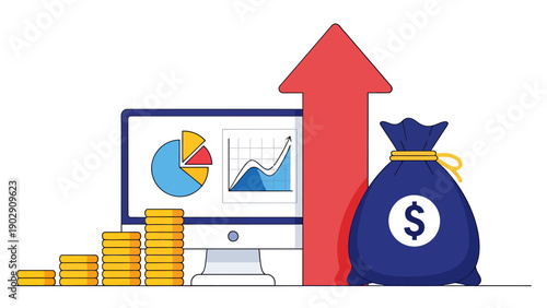 Business growth concept with rising arrow graphs coins and money bag on desk setup.