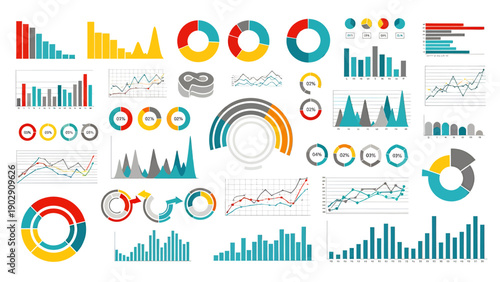 Collection of colorful infographics and data visualizations for presentations and reports.