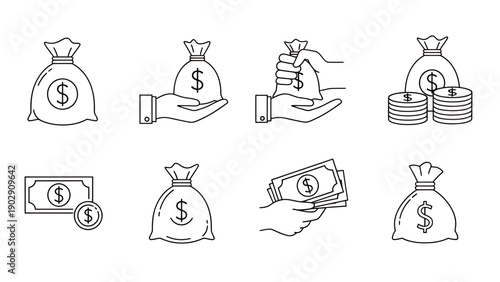 Collection of hand drawn money bags coins and cash icons illustrating basic business finance concepts.