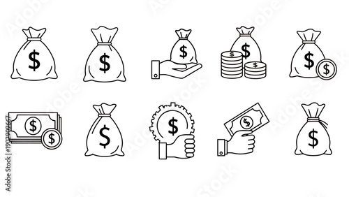Illustration of Money Bags, Coins and Cash Stacks Representing Financial Concepts and Transactions.