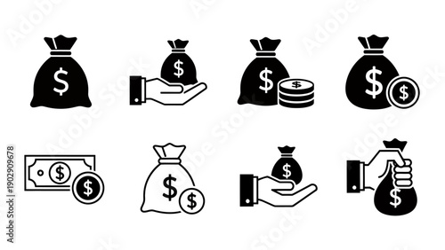 Assorted money and payment icons showing cash, coins, and financial transactions.